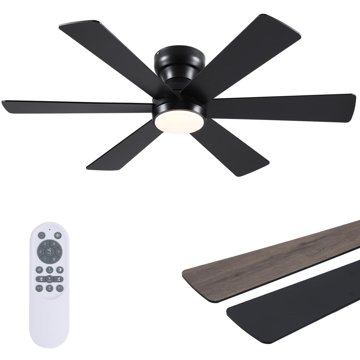 Asyko 46-inch ceiling fan with lights, front view, versatile dimmable illumination.