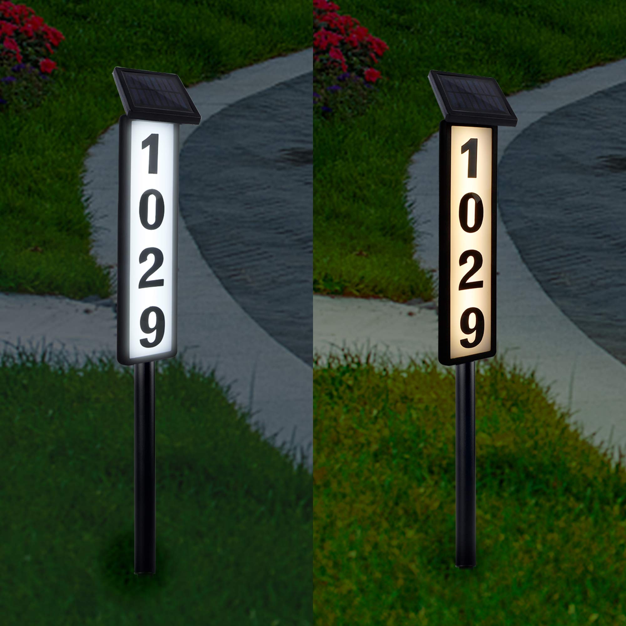 ATDAWN solar lighted house numbers sign — front view with bright, weatherproof night visibility.