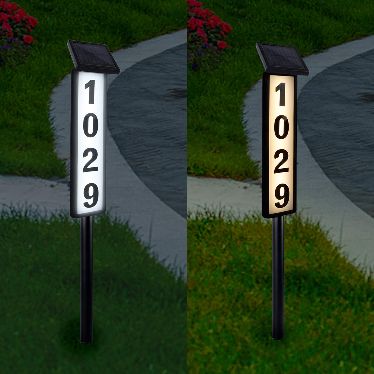 ATDAWN solar lighted house numbers sign — front view with bright, weatherproof night visibility.