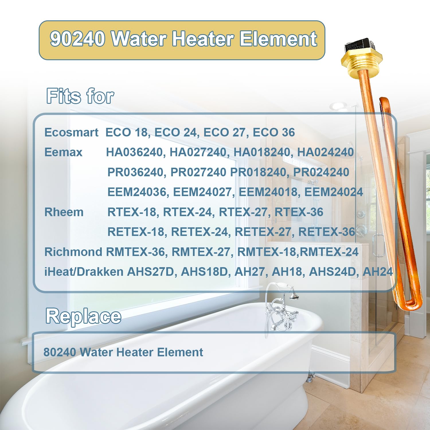 ATEEfaee compatible 90240 element shown with multiple EcoSmart, Eemax, and Rheem models.