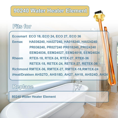 ATEEfaee compatible 90240 element shown with multiple EcoSmart, Eemax, and Rheem models.