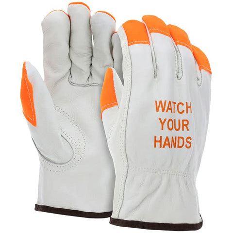 ATERET cowhide gloves with orange tip for low-light outdoor tasks.