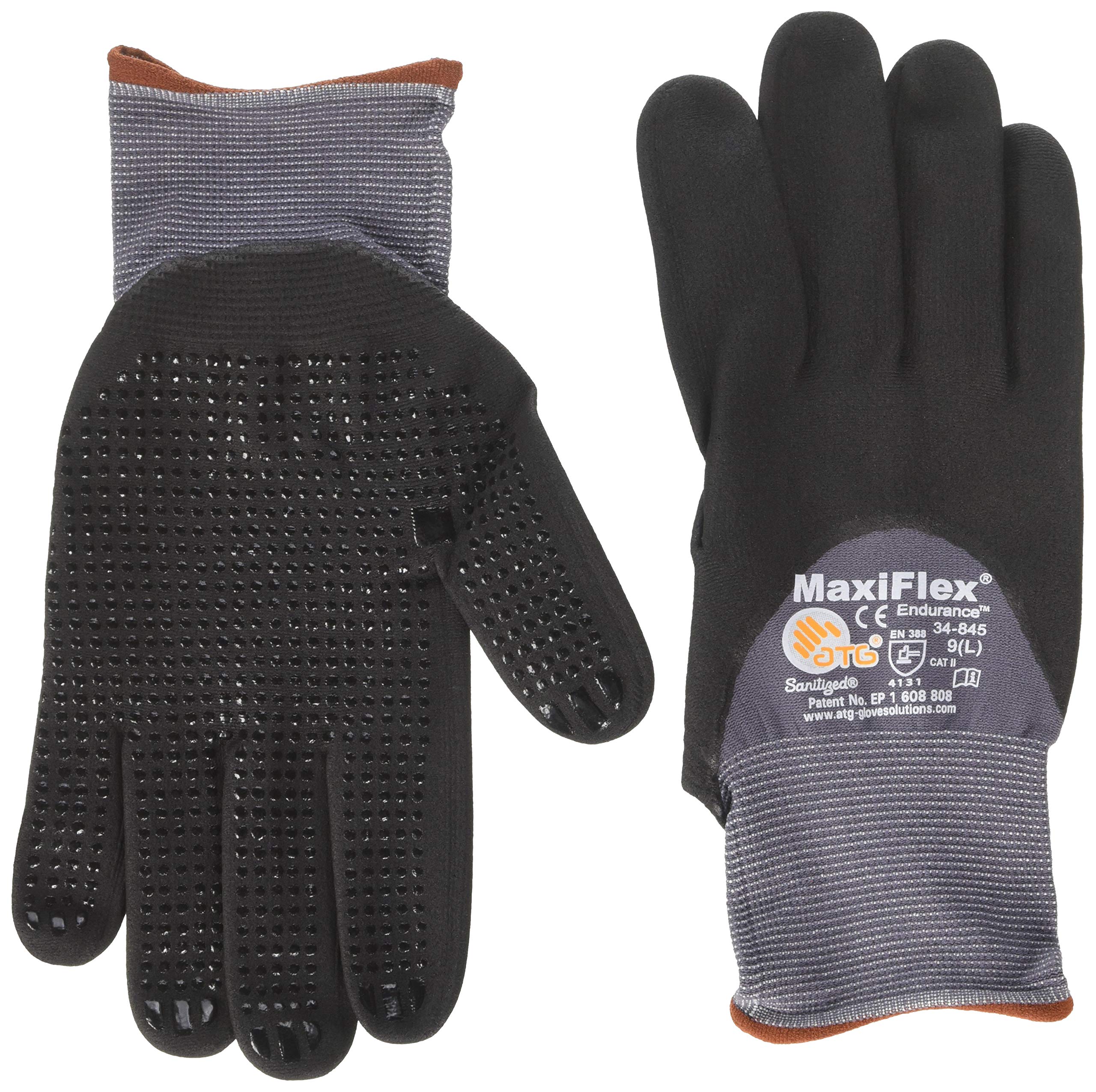 ATG 34-845/L Maxiflex Endurance gloves with nitrile-dotted palm for better grip in light oils.