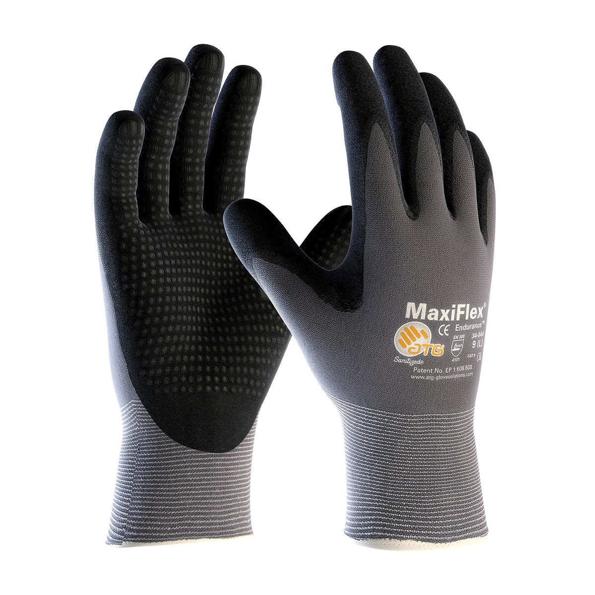 ATG MaxiFlex Endurance 34-844 with nitrile-coated palm grip for precise handling in light oils
