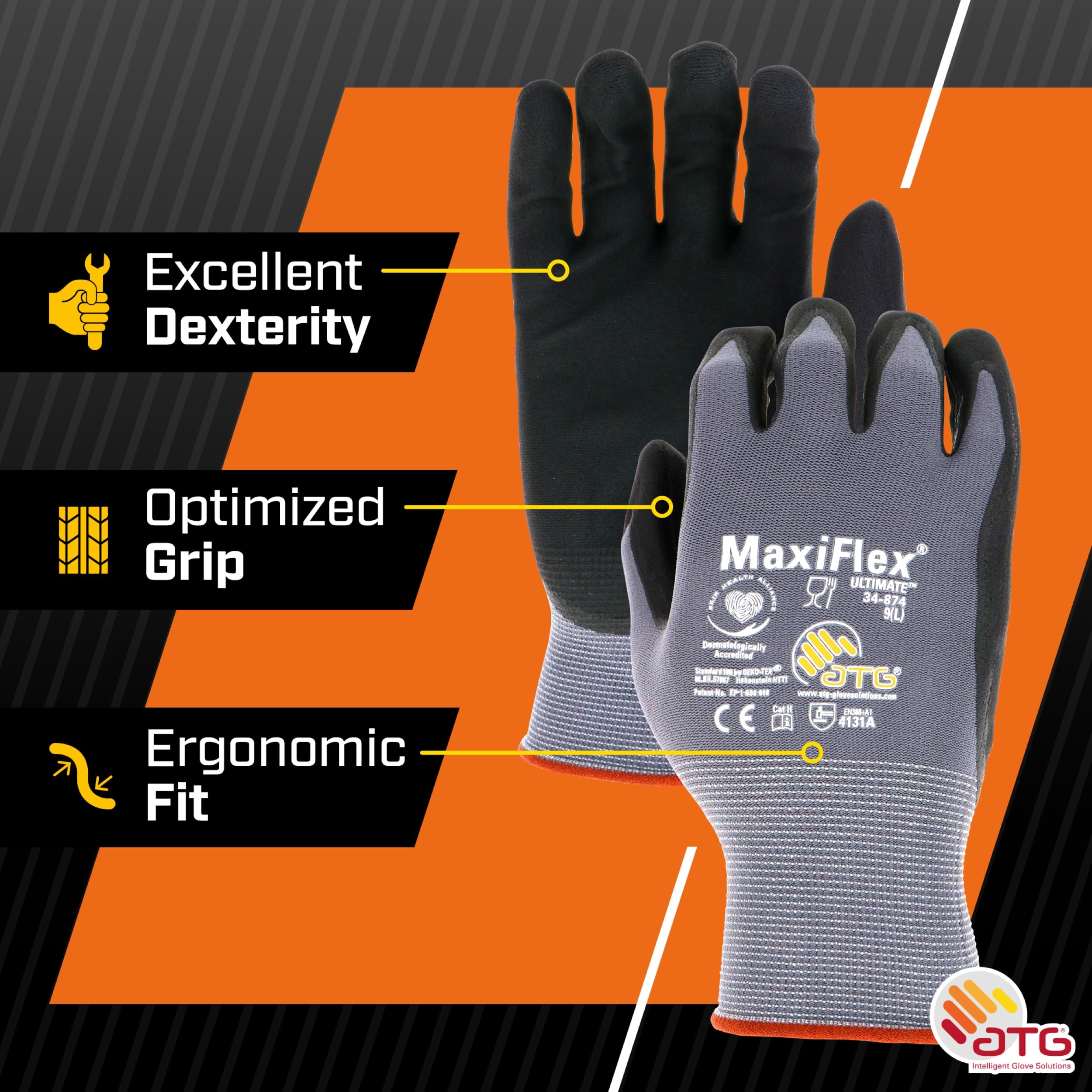 ATG MaxiFlex Ultimate gray gloves shown on a workbench for versatile use