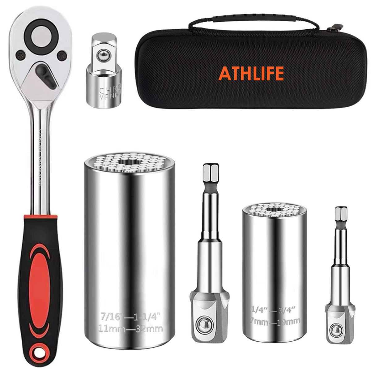 Athlife universal socket wrench set with adaptable 7-19mm and 11-32mm heads for versatile fastening.