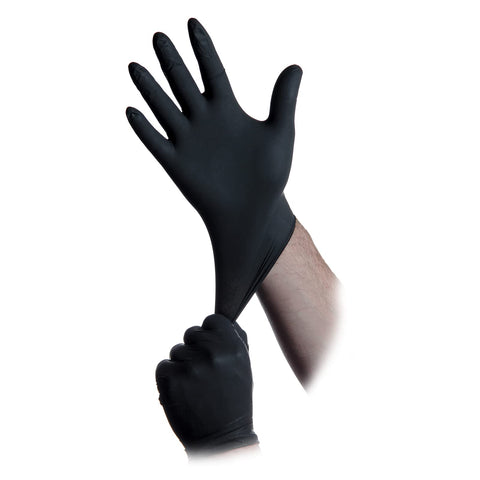 Closeup of Black Lightning 6 mil nitrile gloves highlighting thick protection.