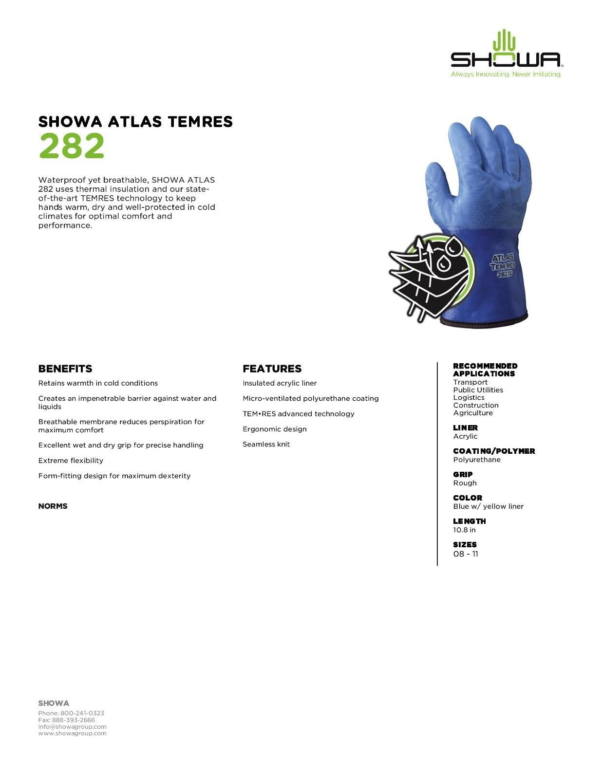 Atlas SHOWA TEMRES 282 glove flexible design preserves dexterity in freezing environments.