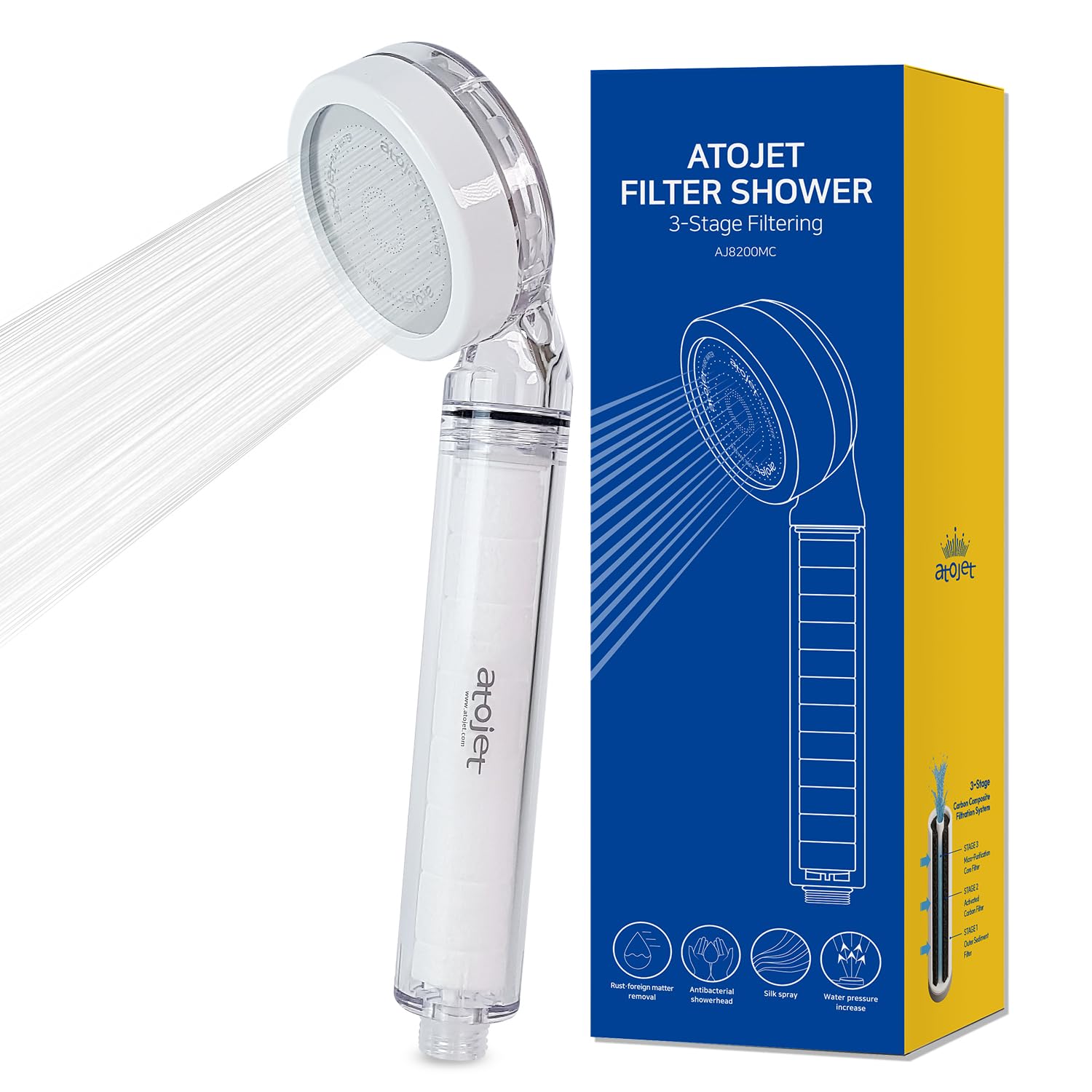 ATOJET AJ8200MC-SNG-1 front view showerhead with carbon filter for softer water