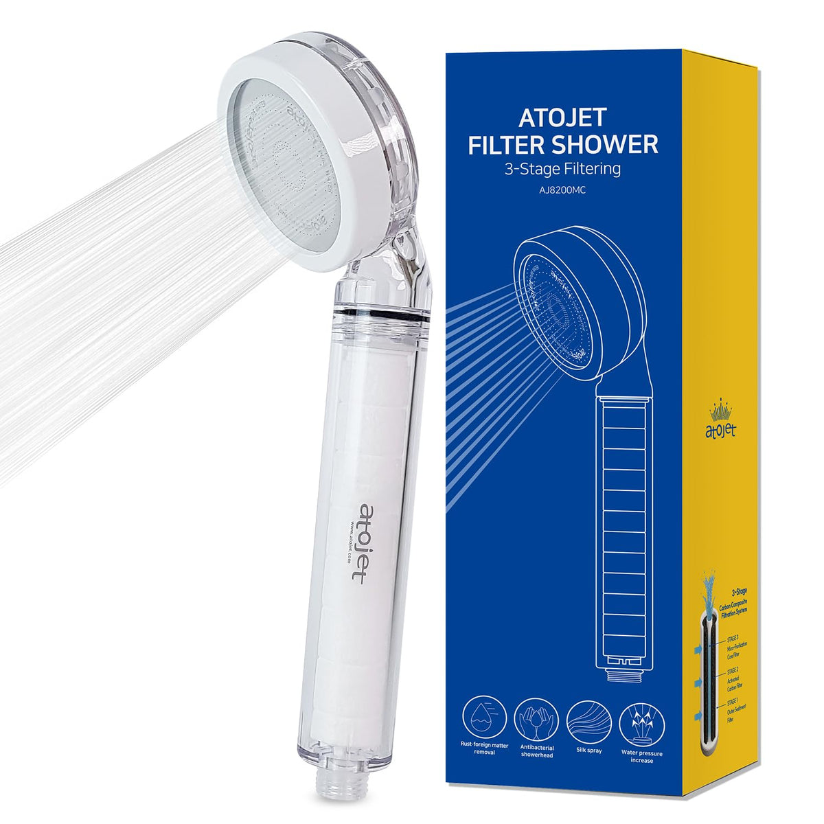 ATOJET AJ8200MC-SNG-1 front view showerhead with carbon filter for softer water