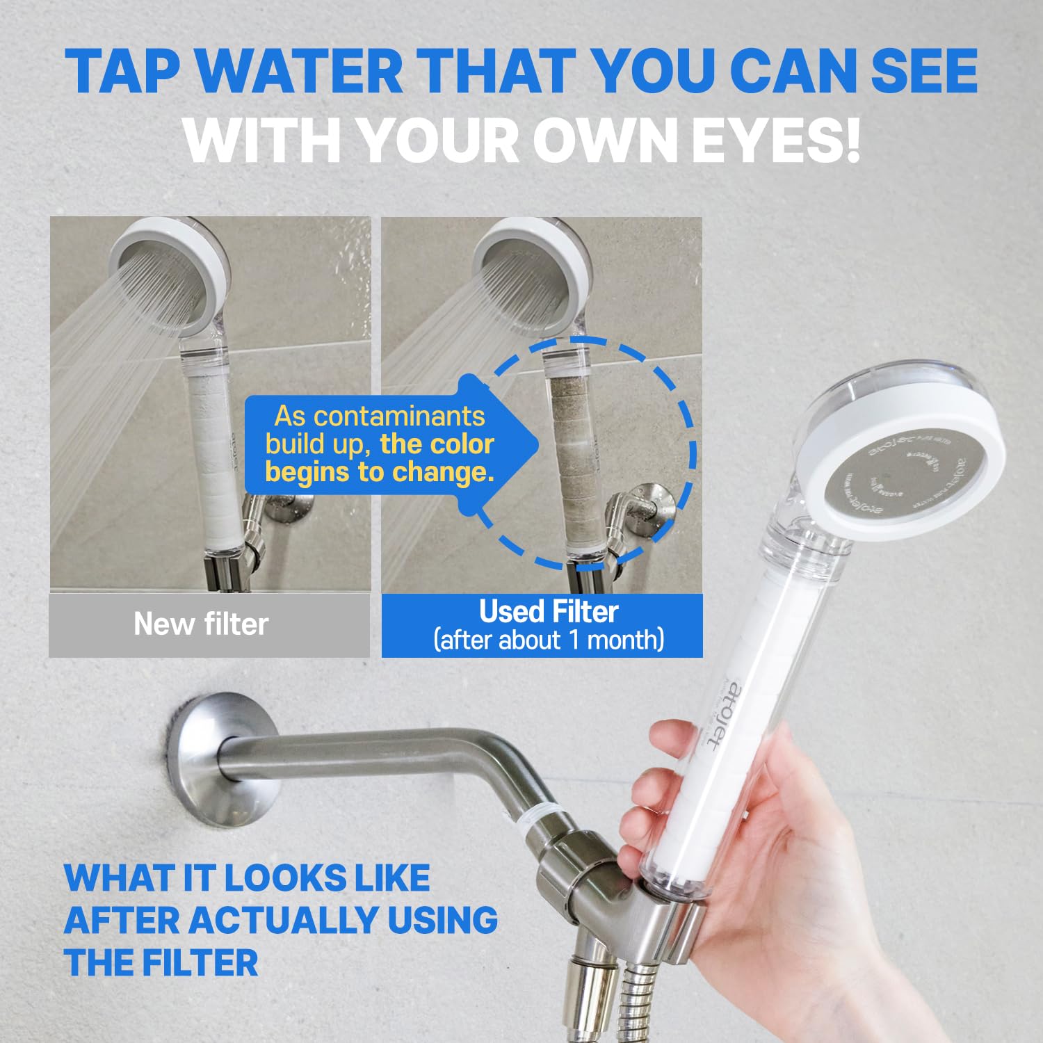 ATOJET flow test shows cleaner water for daily showers.