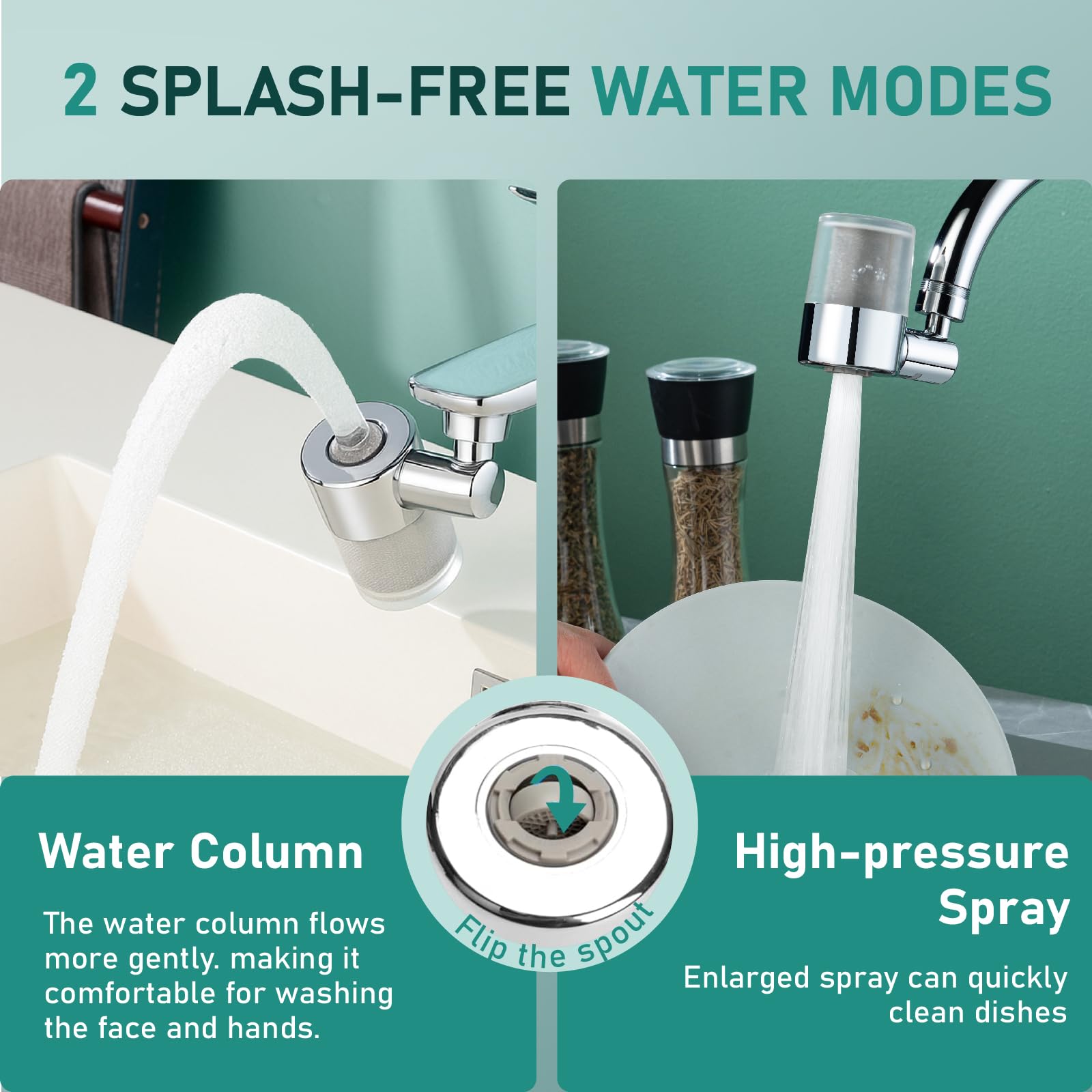 ATQ dual-mode flow: splash-free gentle stream and high-pressure rinse