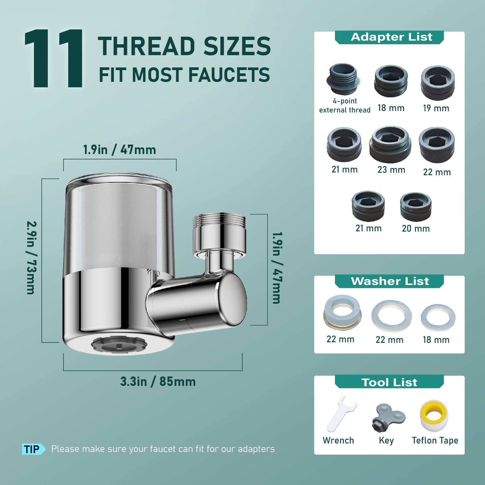 ATQ eight adapter sizes fit most faucet threads for compatibility