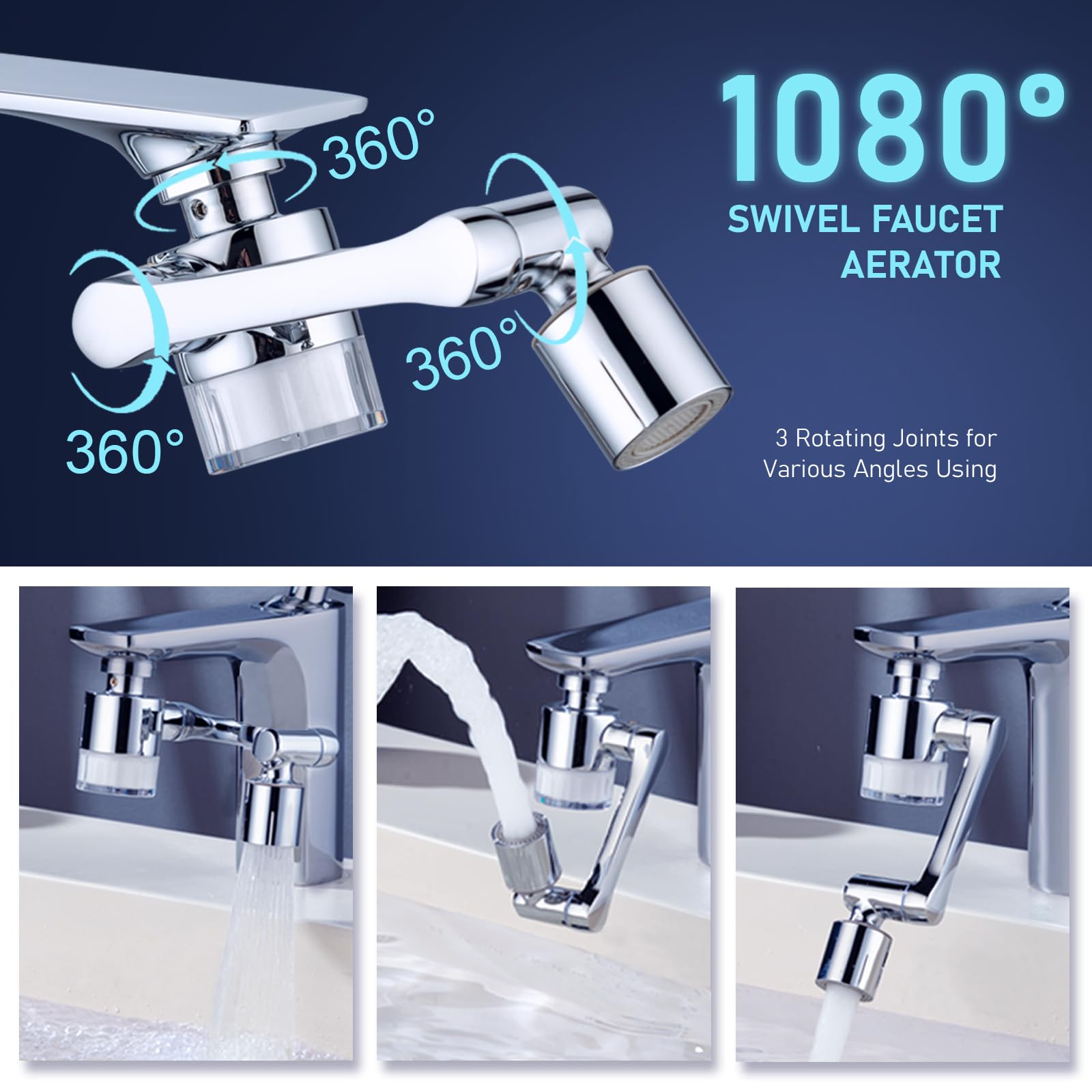 ATQ 360-degree swivel aerator demonstrating full-range cleaning and face washing convenience