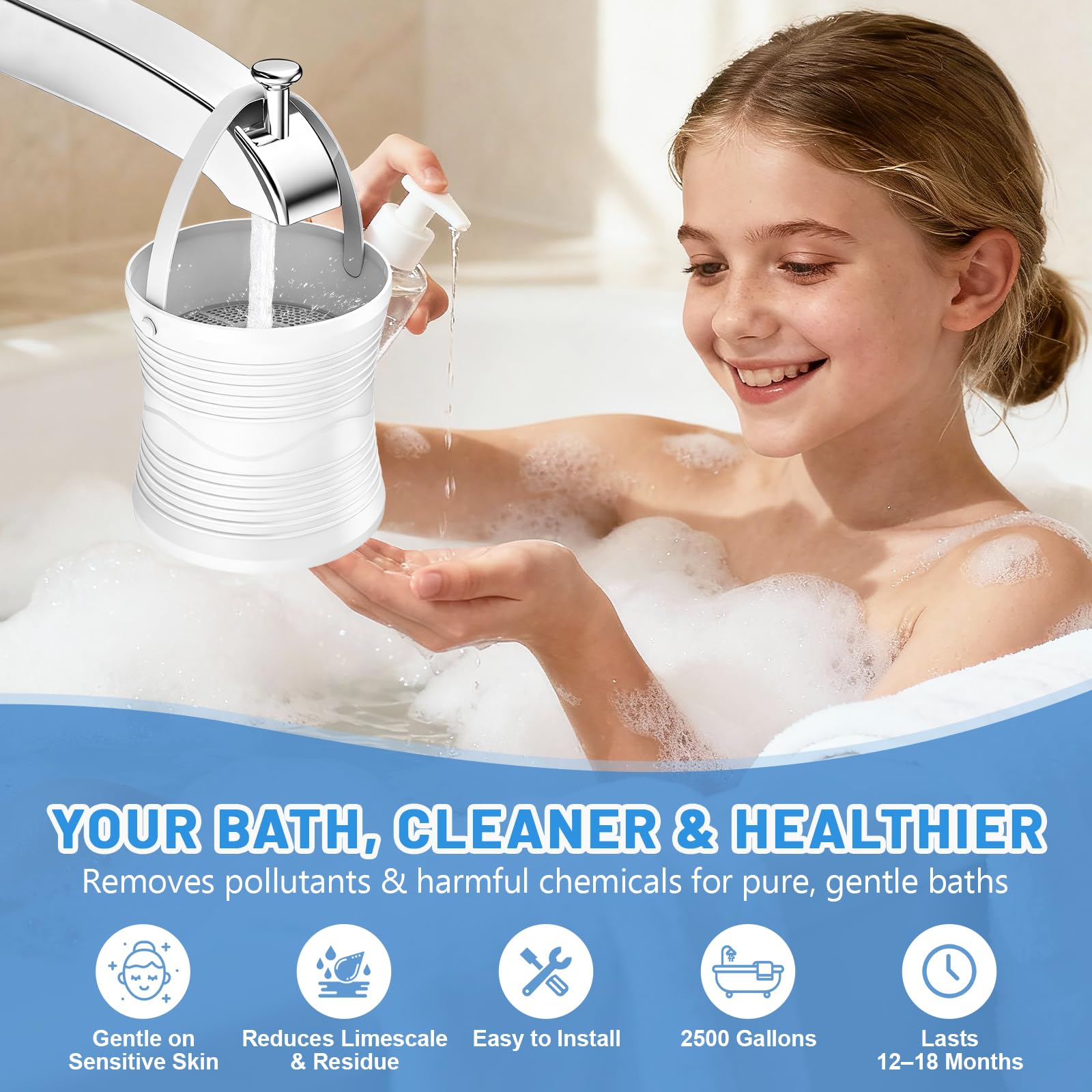 Atzeste BPA-free ABS housing emphasizes durable, safe filtration for daily baths.