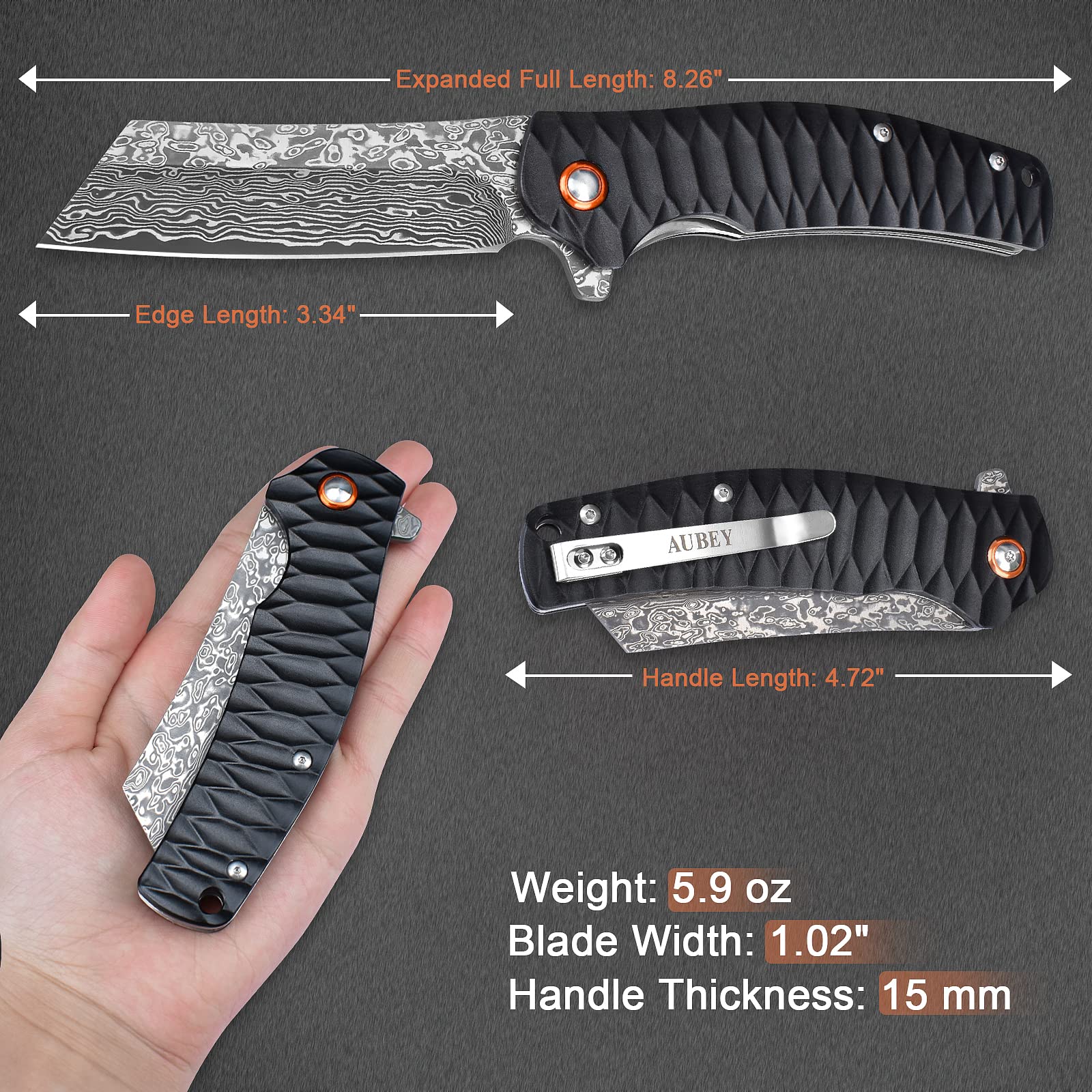 AUBEY Damascus knife ball bearing dual action for effortless operation.