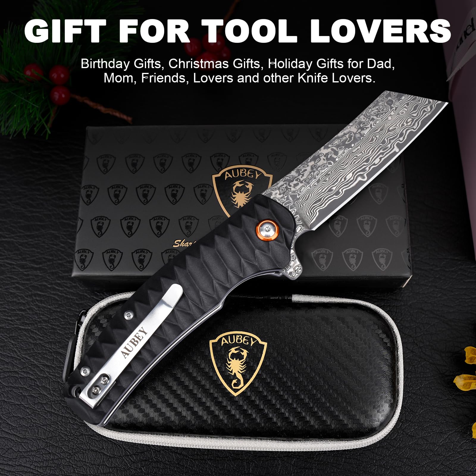 AUBEY knife belt loop allows versatile on belt carry.