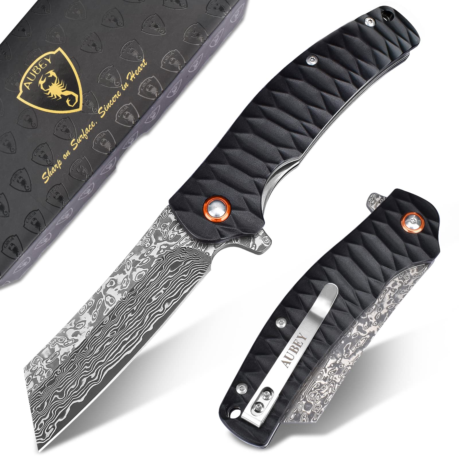 AUBEY Damascus knife blade displaying 76-layer pattern for outdoor durability.