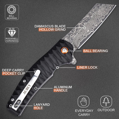 AUBEY knife with belt clip and sheath for portable carry.