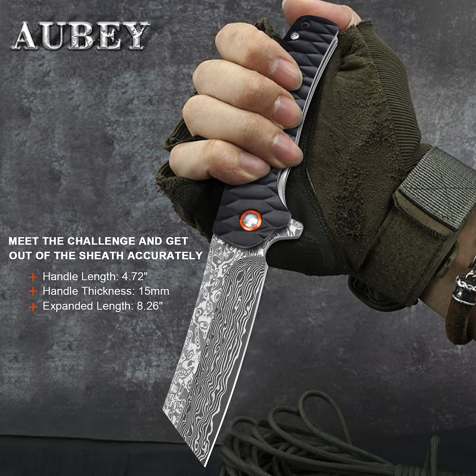 AUBEY Damascus knife flipper opens smoothly with ball bearing action.