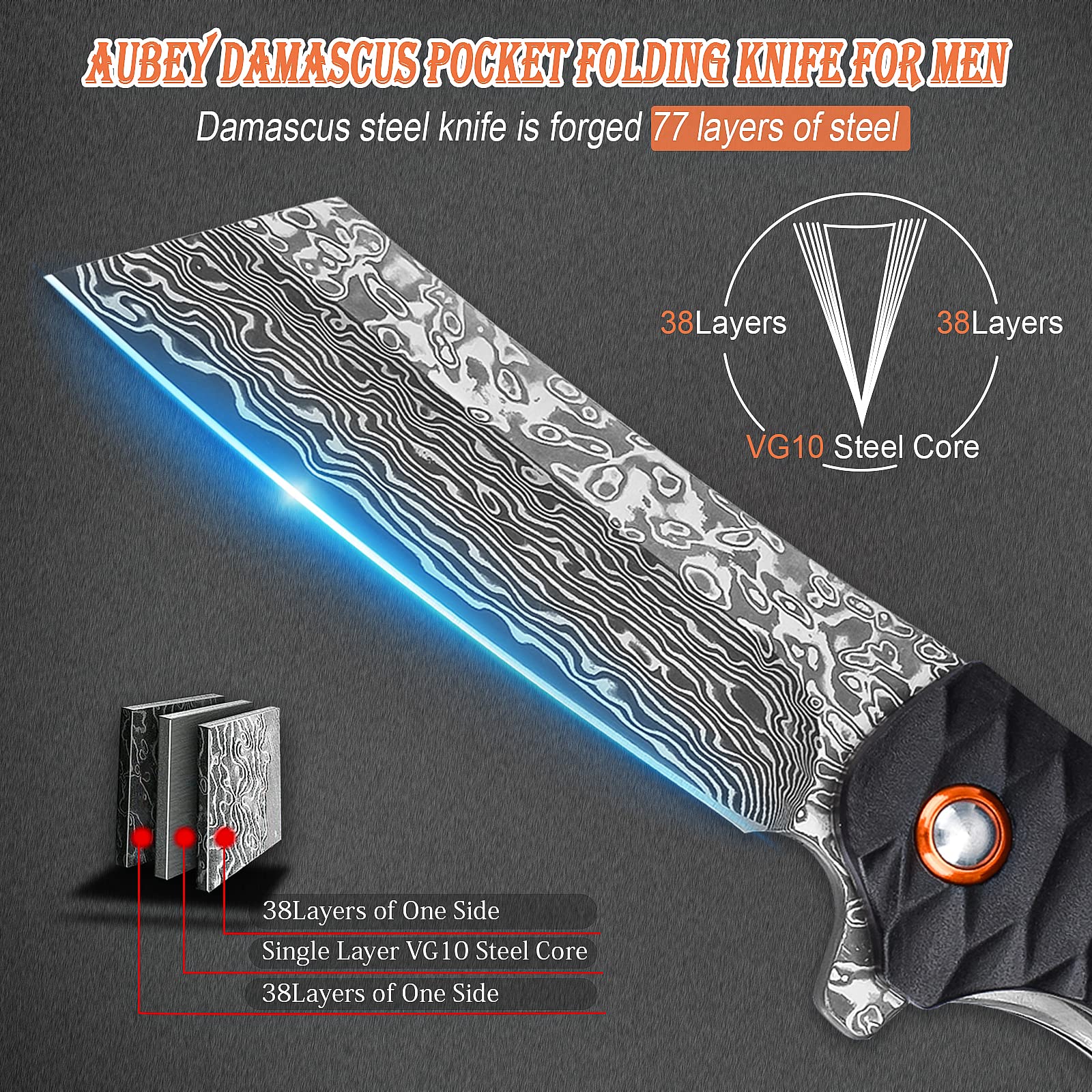 AUBEY Damascus knife handle in black aluminum with a secure grip.