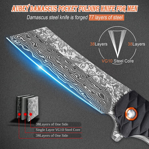 AUBEY Damascus knife handle in black aluminum with a secure grip.