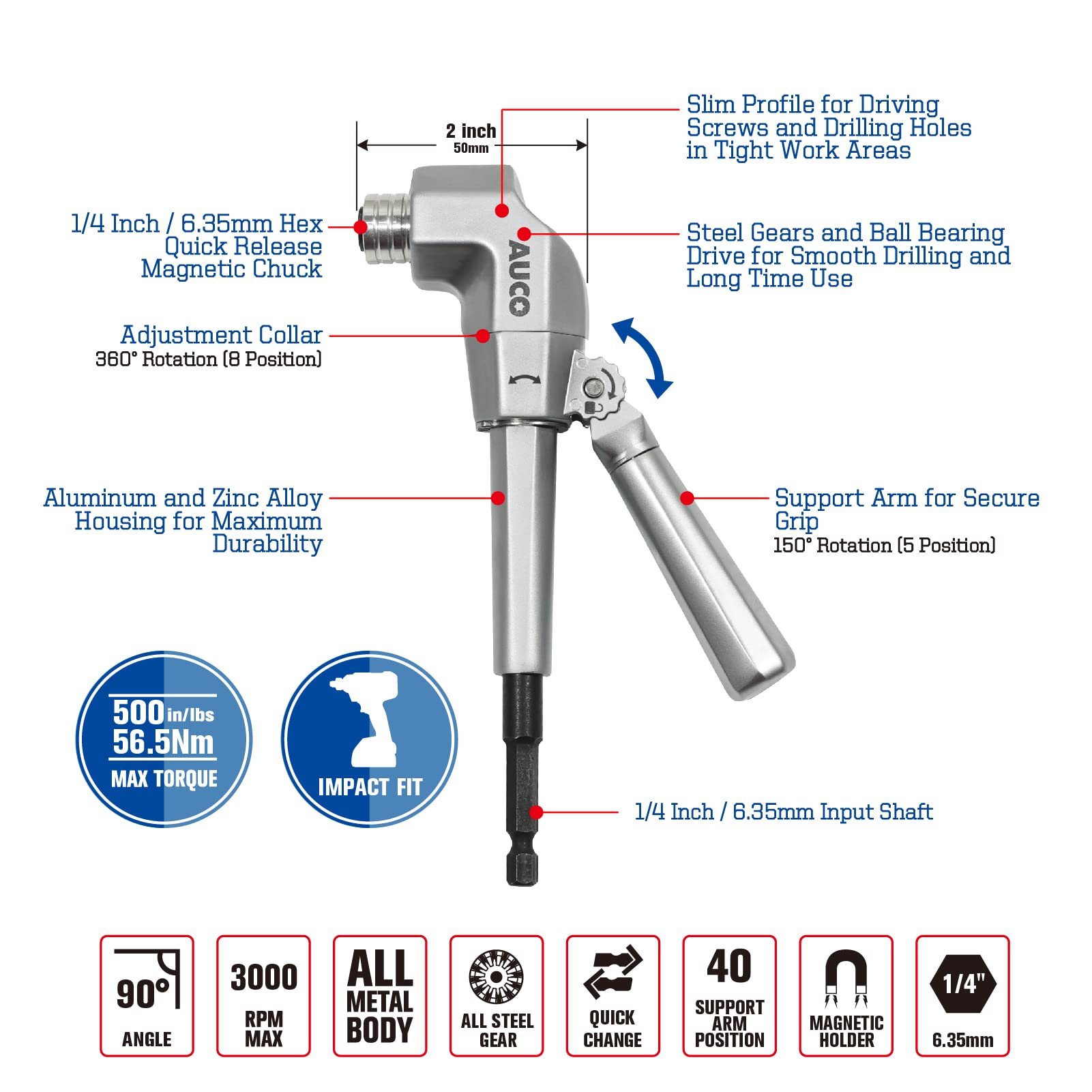 AUCO adjustable drill adapter showing compact design for confined work areas
