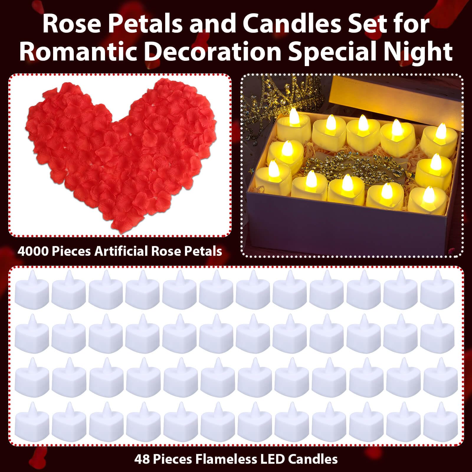 Audab heart-shaped candles lit, creating warm romantic ambiance.