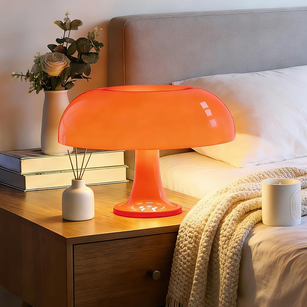 Audala Retro Orange Mushroom Lamp base detail with high-gloss finish for durable bedside lighting.