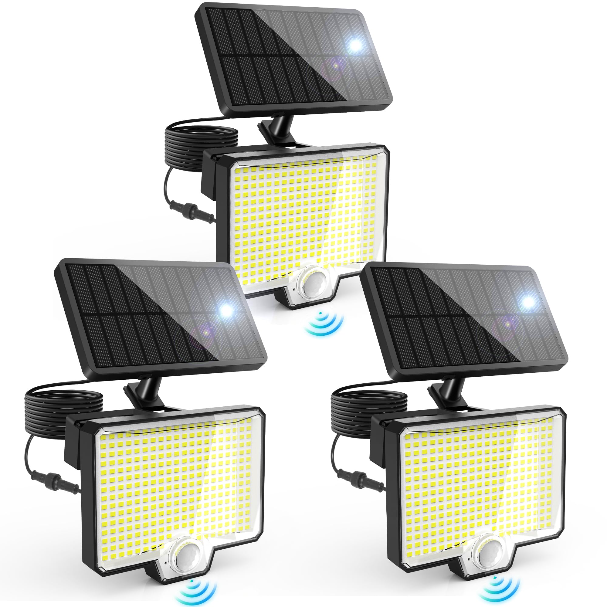 Auderwin 294 LED solar motion light front view with bright outdoor illumination