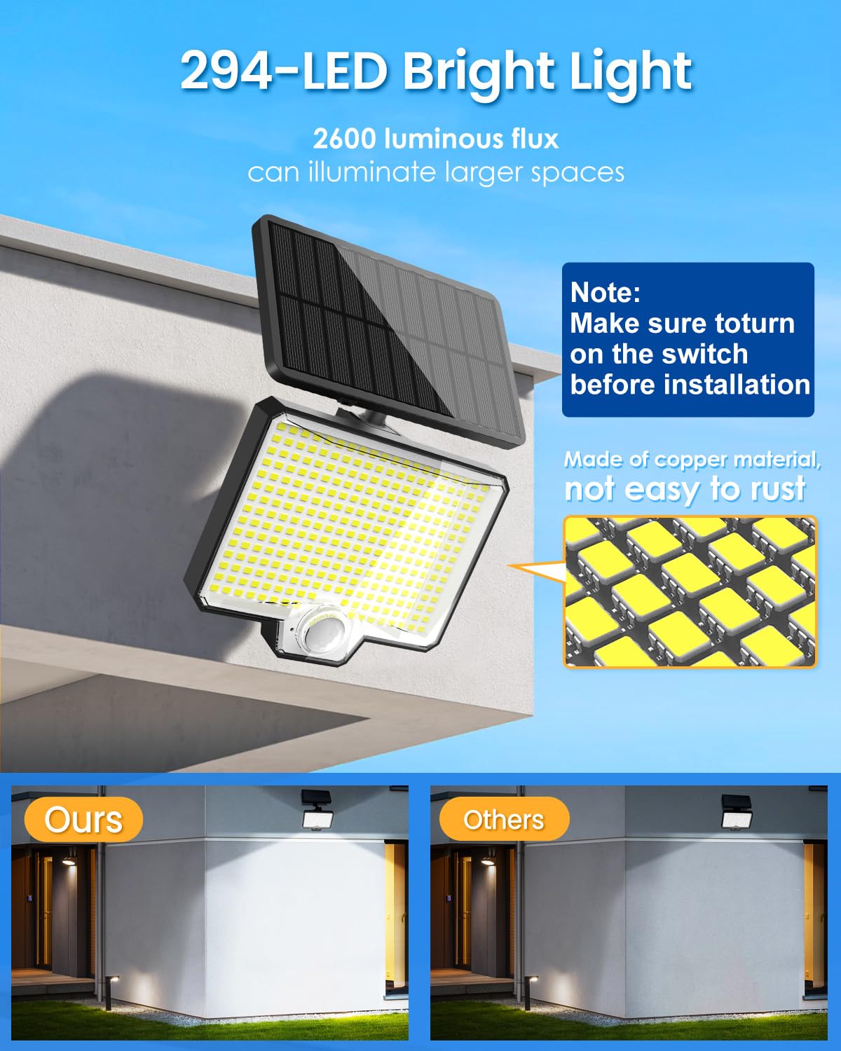Auderwin solar motion light above garage doorway providing security lighting