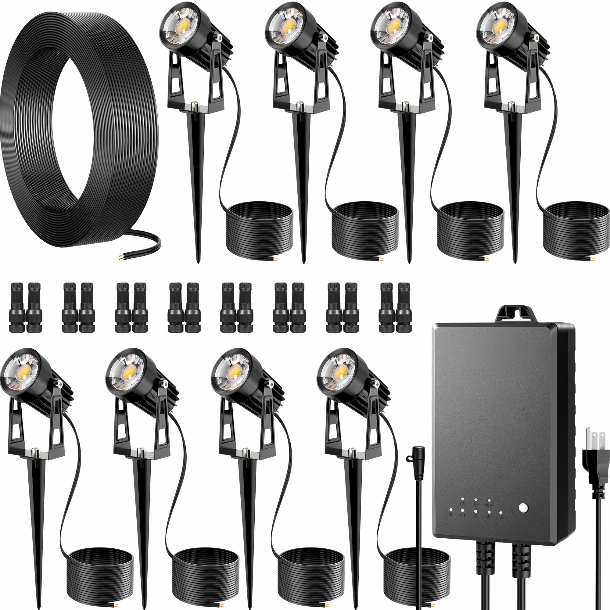 Auderwin outdoor LED kit with eight spotlights enhances curb appeal and exterior visibility.