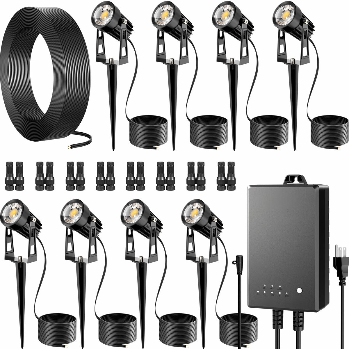 Auderwin outdoor LED kit with eight spotlights enhances curb appeal and exterior visibility.