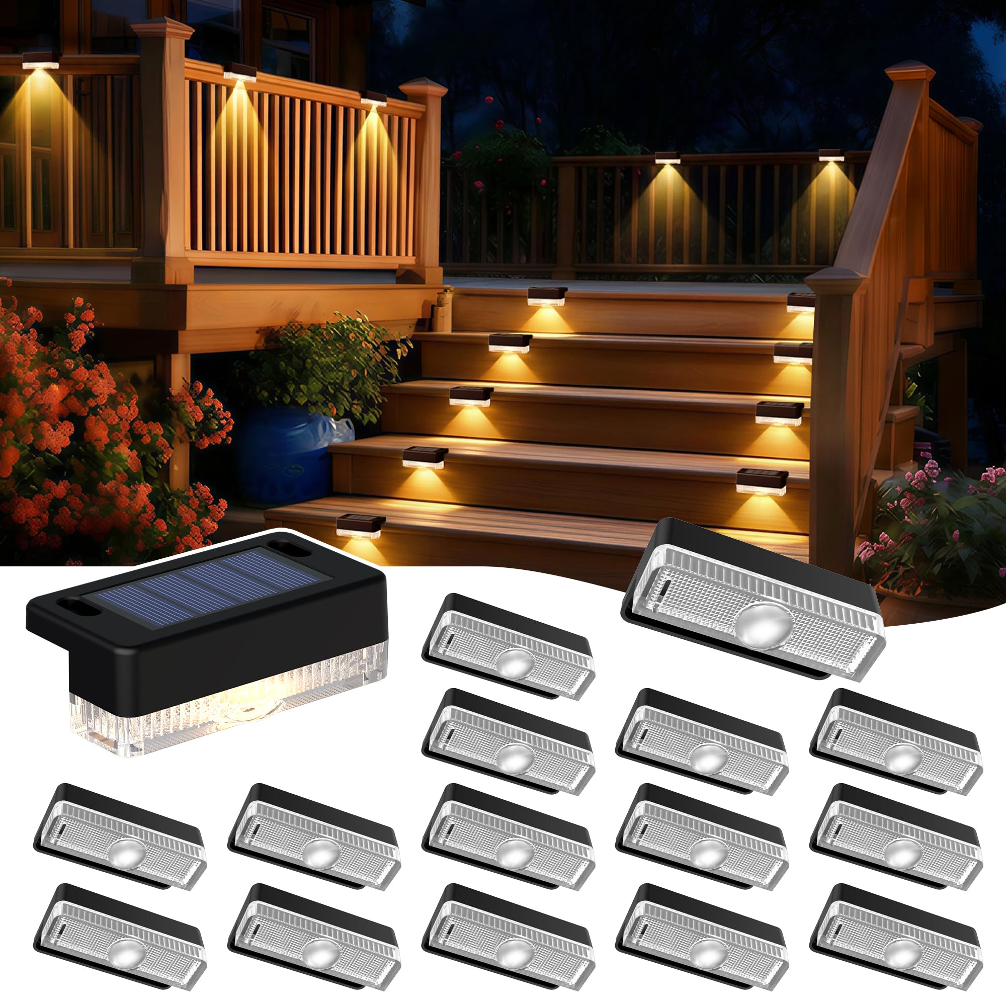 Auderwin solar deck lights front view highlighting warm white illumination for outdoor spaces.