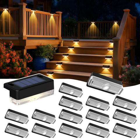 Auderwin solar deck lights front view highlighting warm white illumination for outdoor spaces.