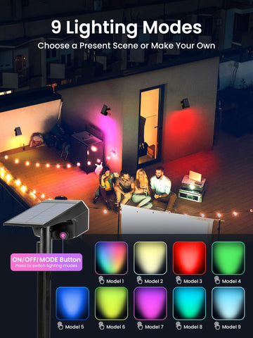 Dusk-lit garden with AUDERWIN RGB spotlight accents