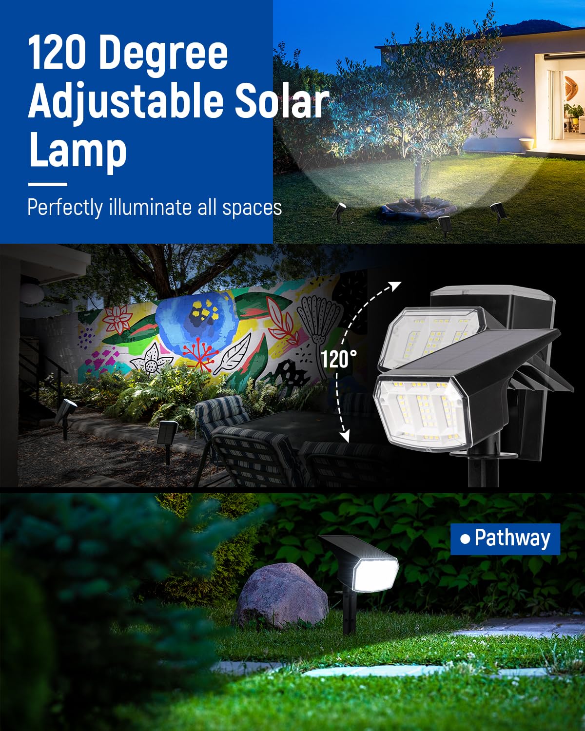 AUDERWIN wall-mounted solar spotlight highlights entryways and architectural features.