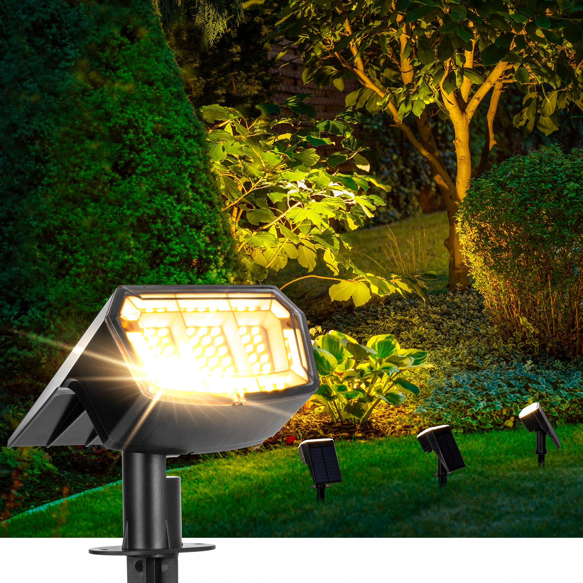 Auderwin 63 LED solar spotlight lighting the front yard path for safe night travel.
