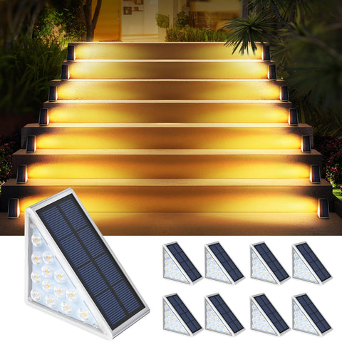 Audles 8PK solar step lights illuminate stairs for safe outdoor evenings.