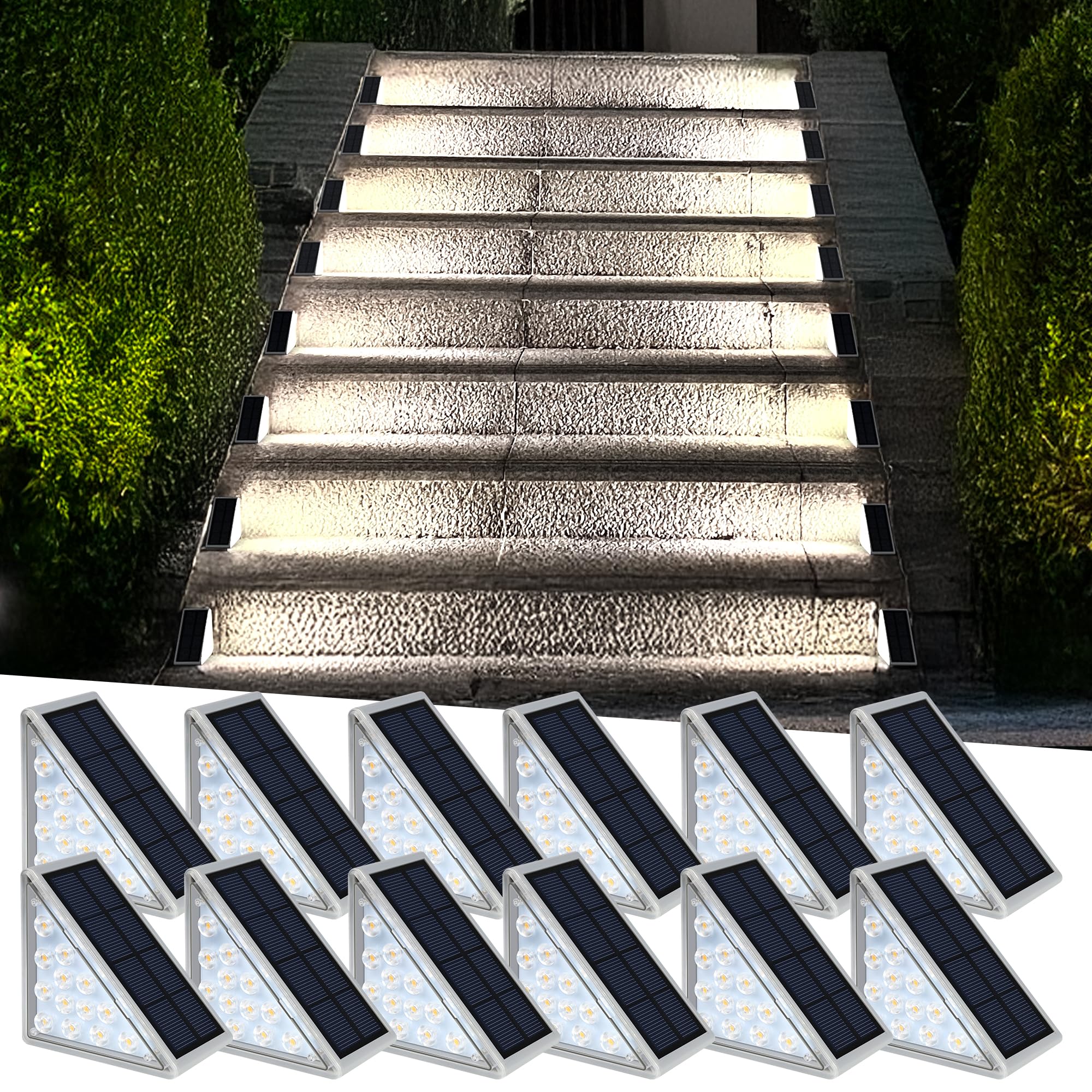 AUDLES LED solar step light emitting a warm glow along outdoor stairs for dusk visibility