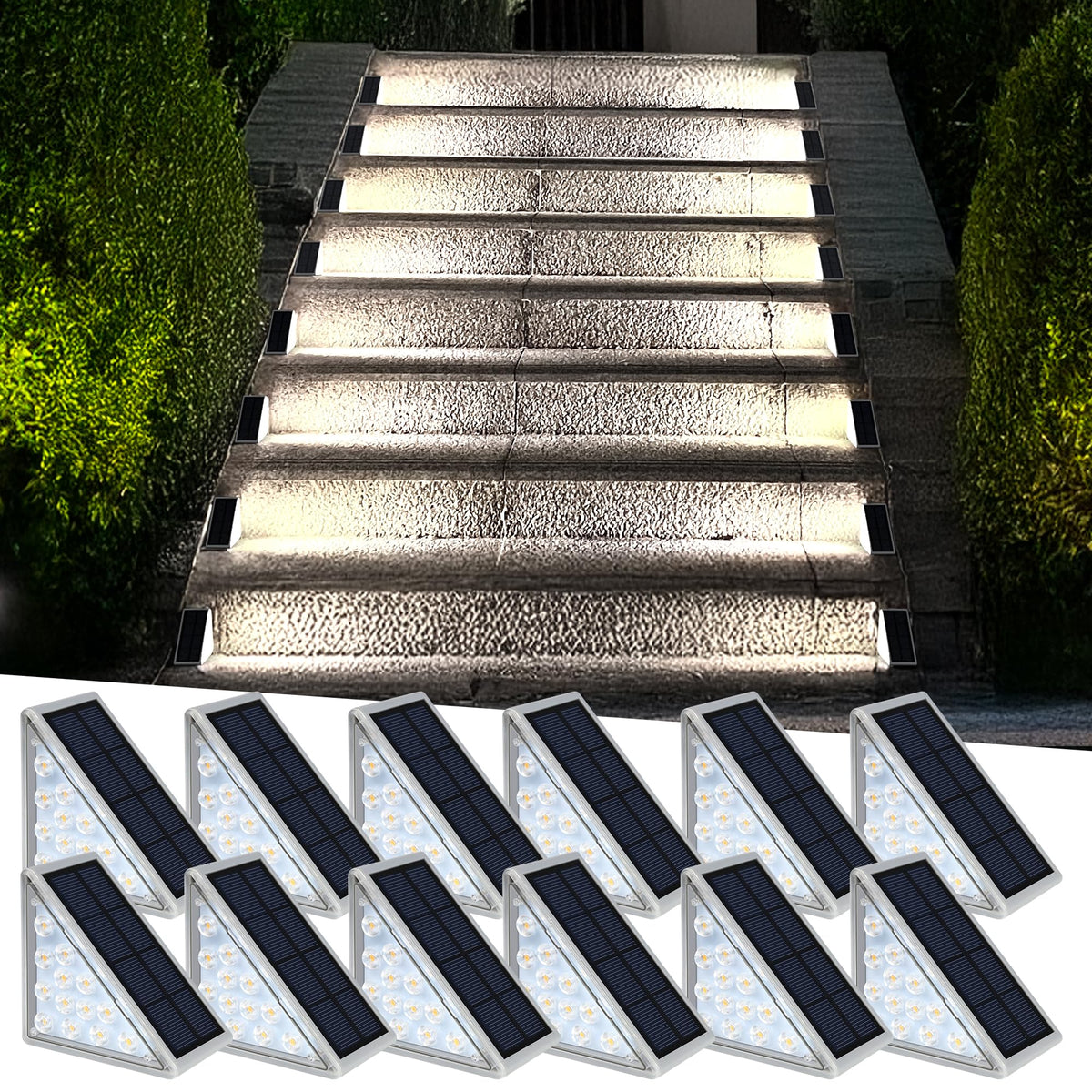 AUDLES LED solar step light emitting a warm glow along outdoor stairs for dusk visibility