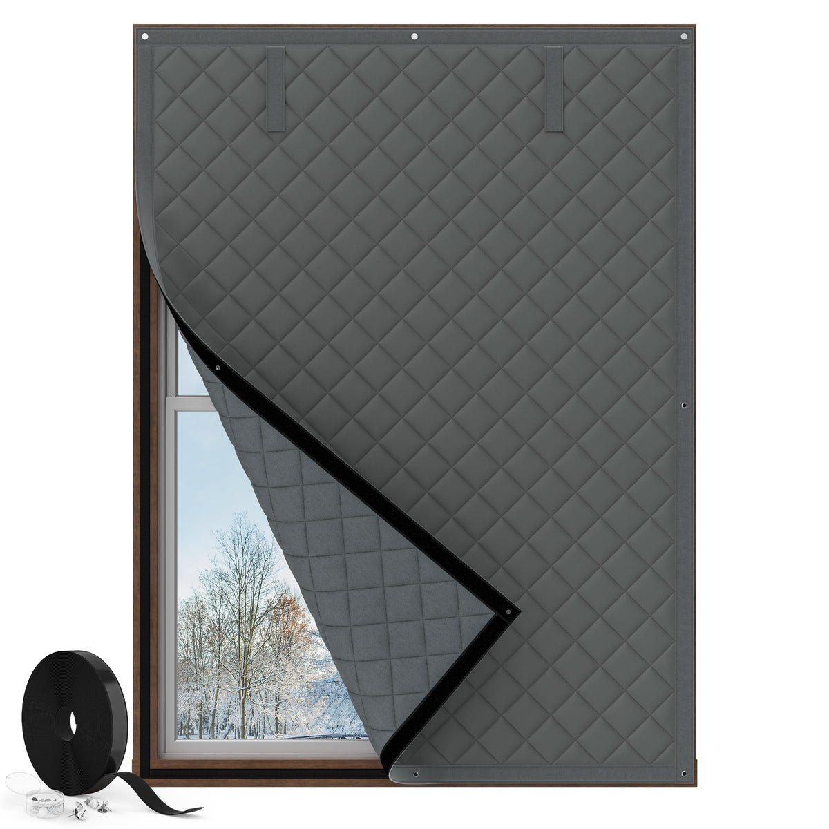 Augblinds thermal curtain with roll-up design seals window for draft reduction.