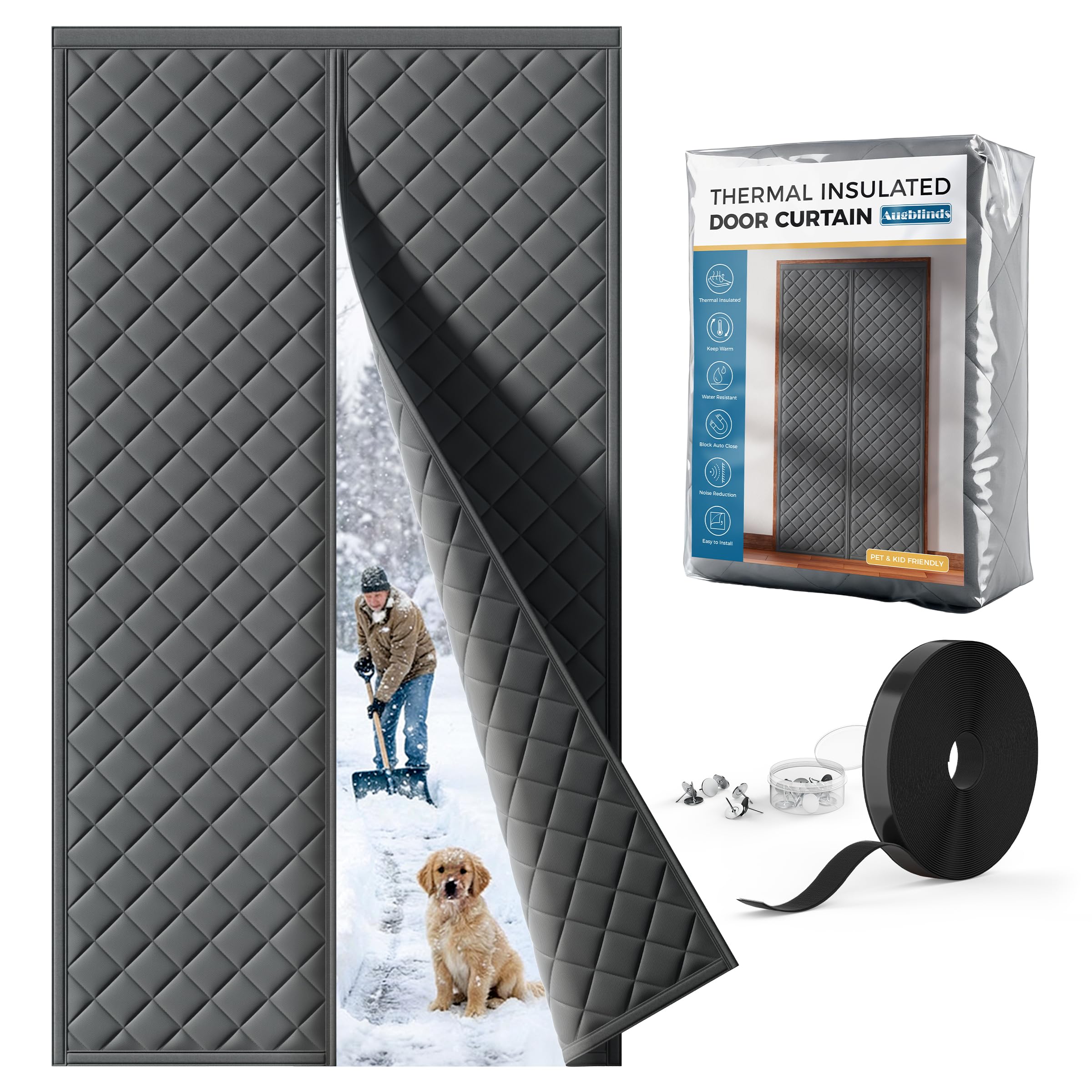 Augblinds thermal door curtain installed on door to block drafts