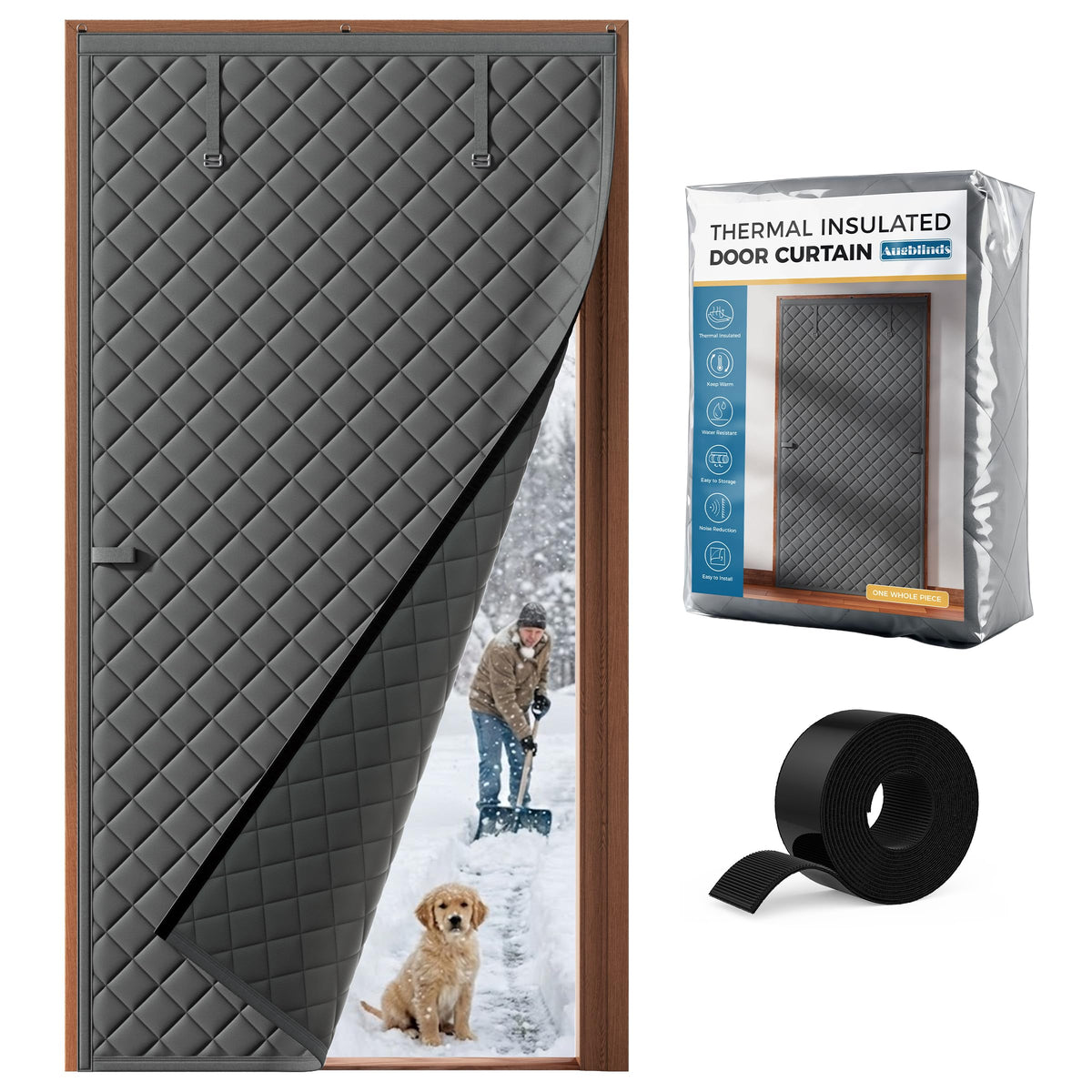 Augblinds thermal door curtain insulation blanket on door blocks drafts and keeps warmth.
