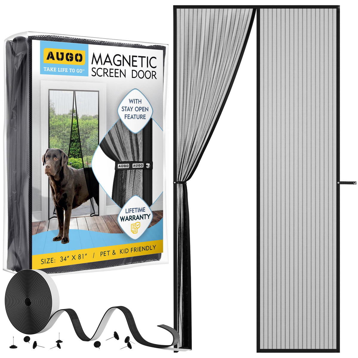 AUGO magnetic screen door fully installed for hands-free passage and airflow