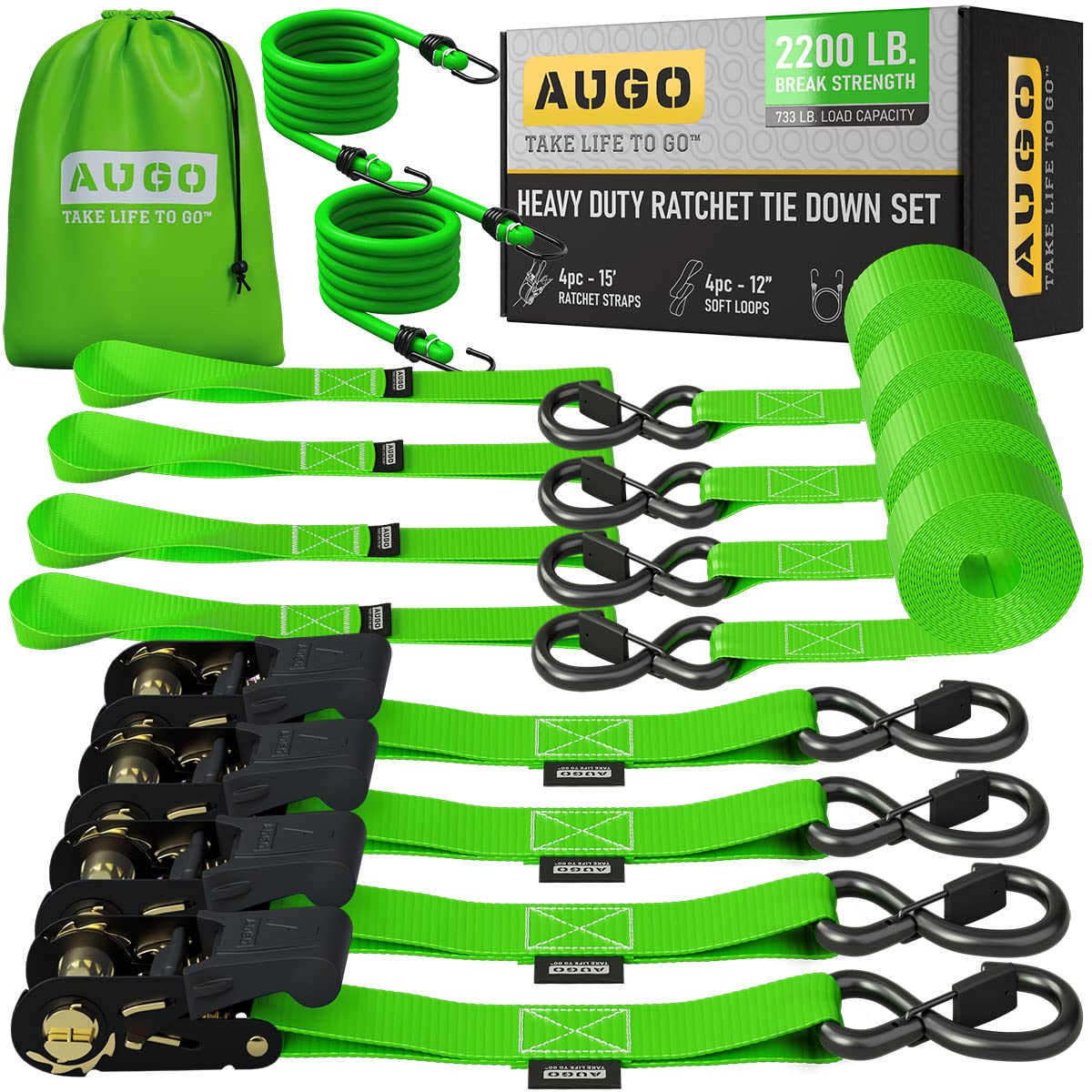 AUGO ratchet straps securing cargo on a truck bed with secure tension