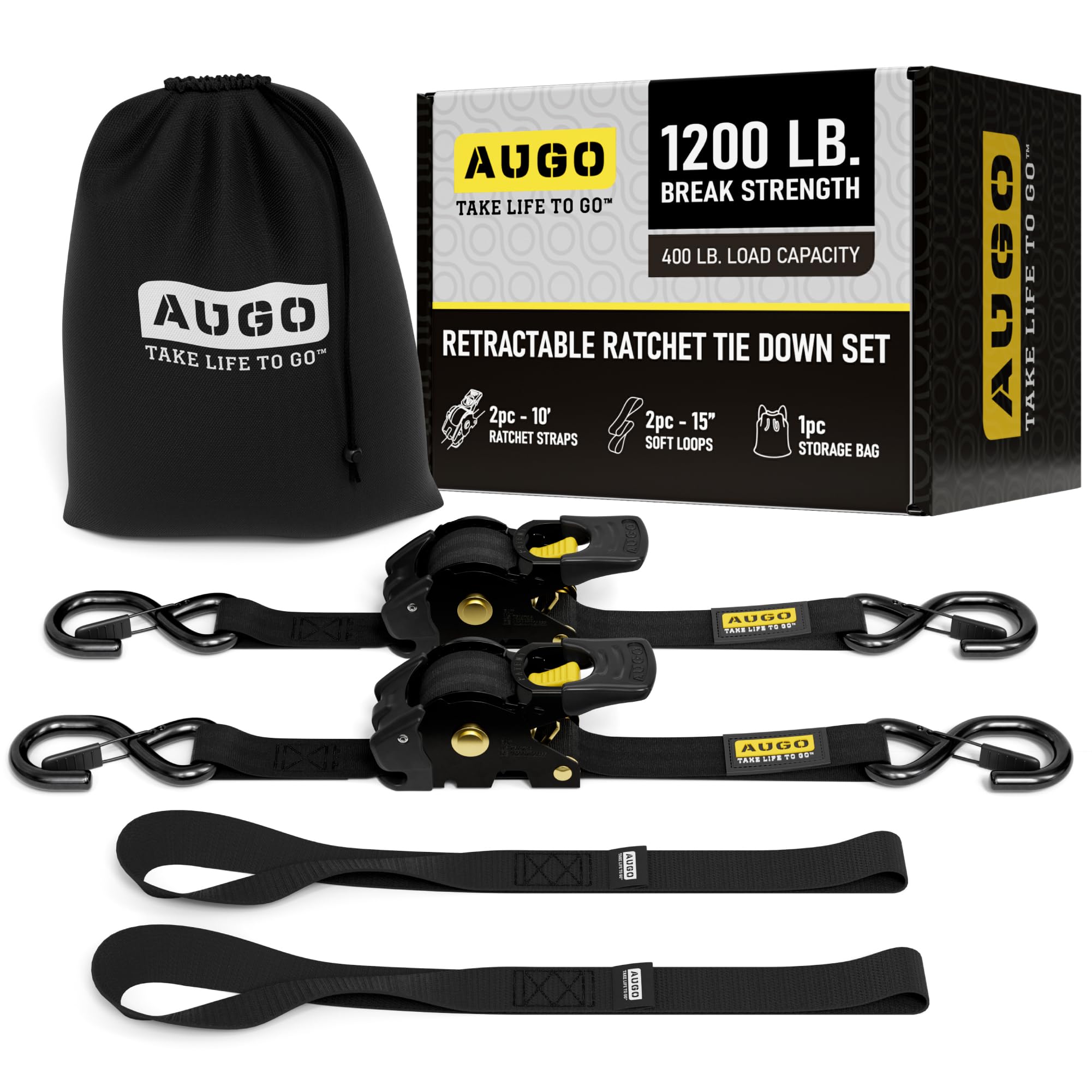 AUGO retractable ratchet strap setup showing quick tensioning and neat slack control