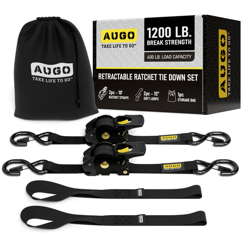 AUGO retractable ratchet strap setup showing quick tensioning and neat slack control
