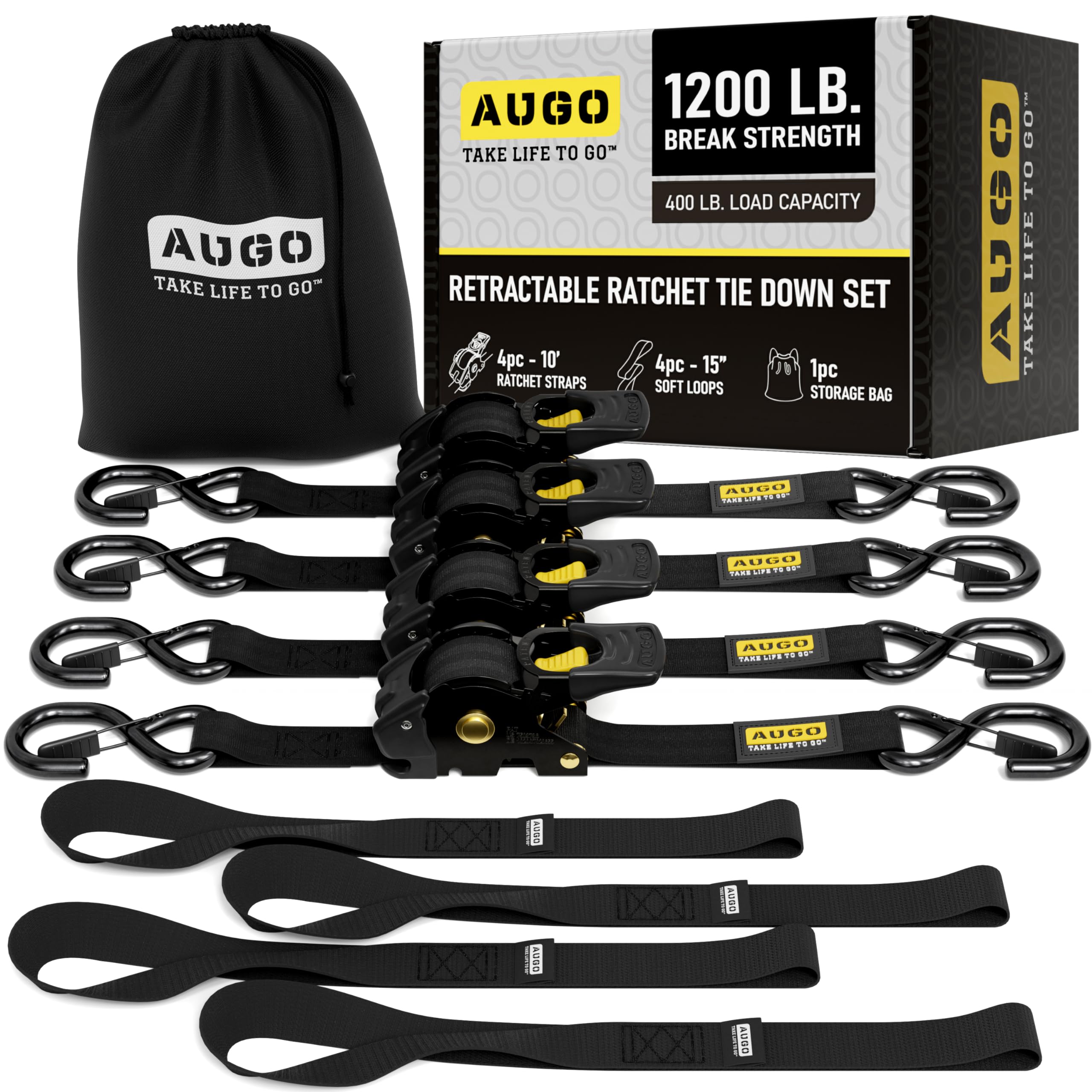 AUGO retractable ratchet straps pack keeps cargo secure during transport.