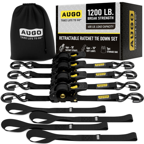 AUGO retractable ratchet straps pack keeps cargo secure during transport.